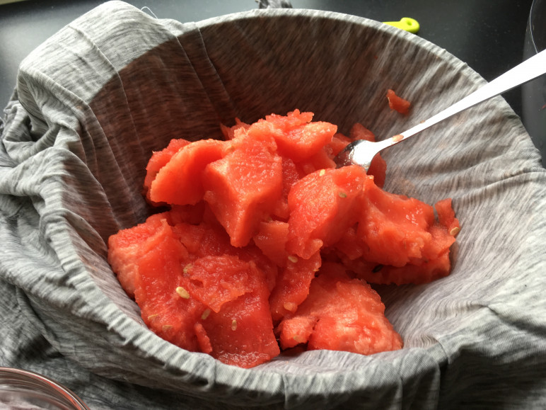 stukjes watermeloen klaar om geperst te worden